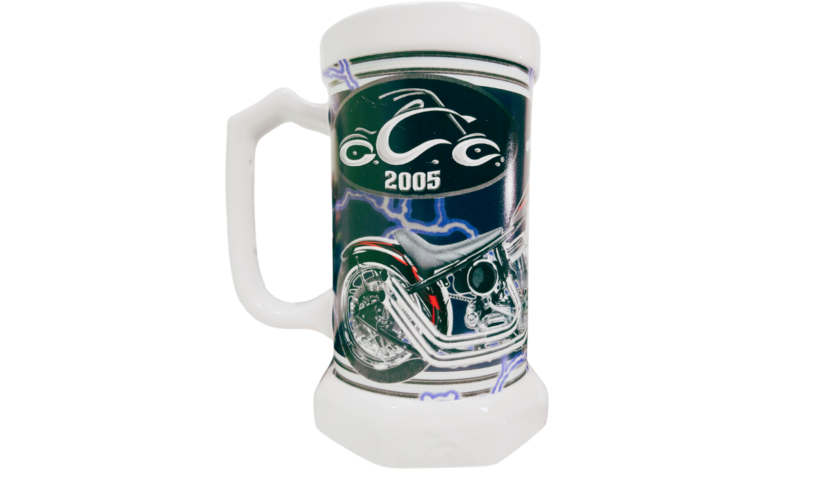 Handle view of Orange County Choppers New York Beer Stein with wraparound motorcycle graphics