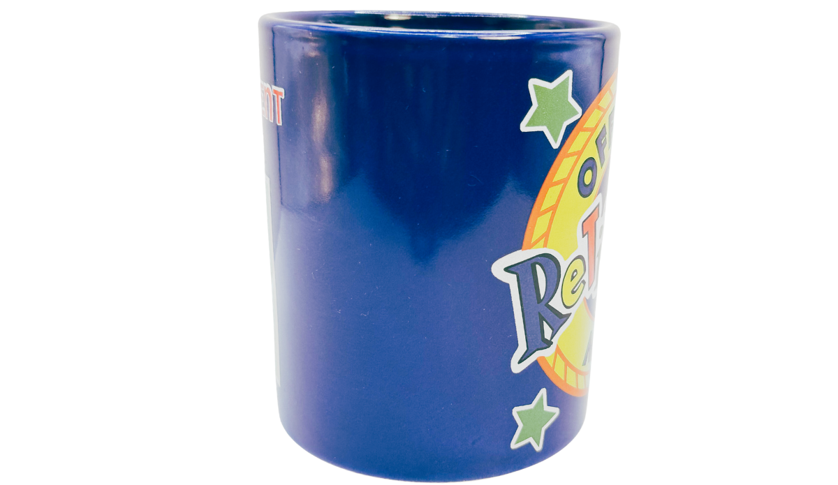 Official Retirement Mug middle view with cobalt blue finish and partial retirement graphic