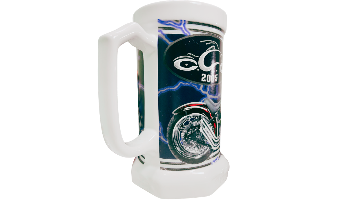 Opposite handle side of Orange County Choppers New York Beer Stein showing OCC New York shield and front wheel