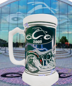 Orange County Choppers New York Beer Stein displayed in front of the Orange County Choppers headquarters in New York
