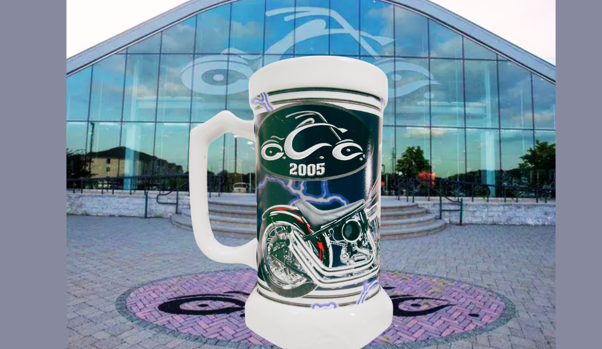 Orange County Choppers New York Beer Stein displayed in front of the Orange County Choppers headquarters in New York