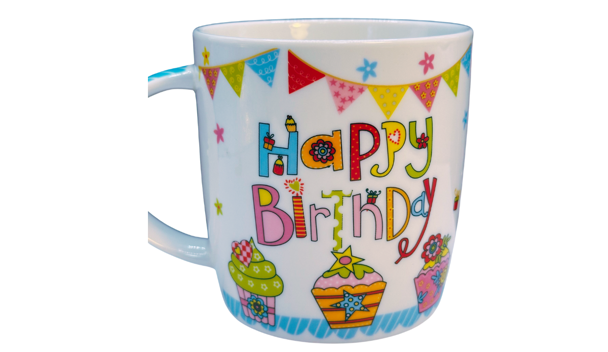 Happy Birthday Cupcake Mug back view with wraparound birthday artwork