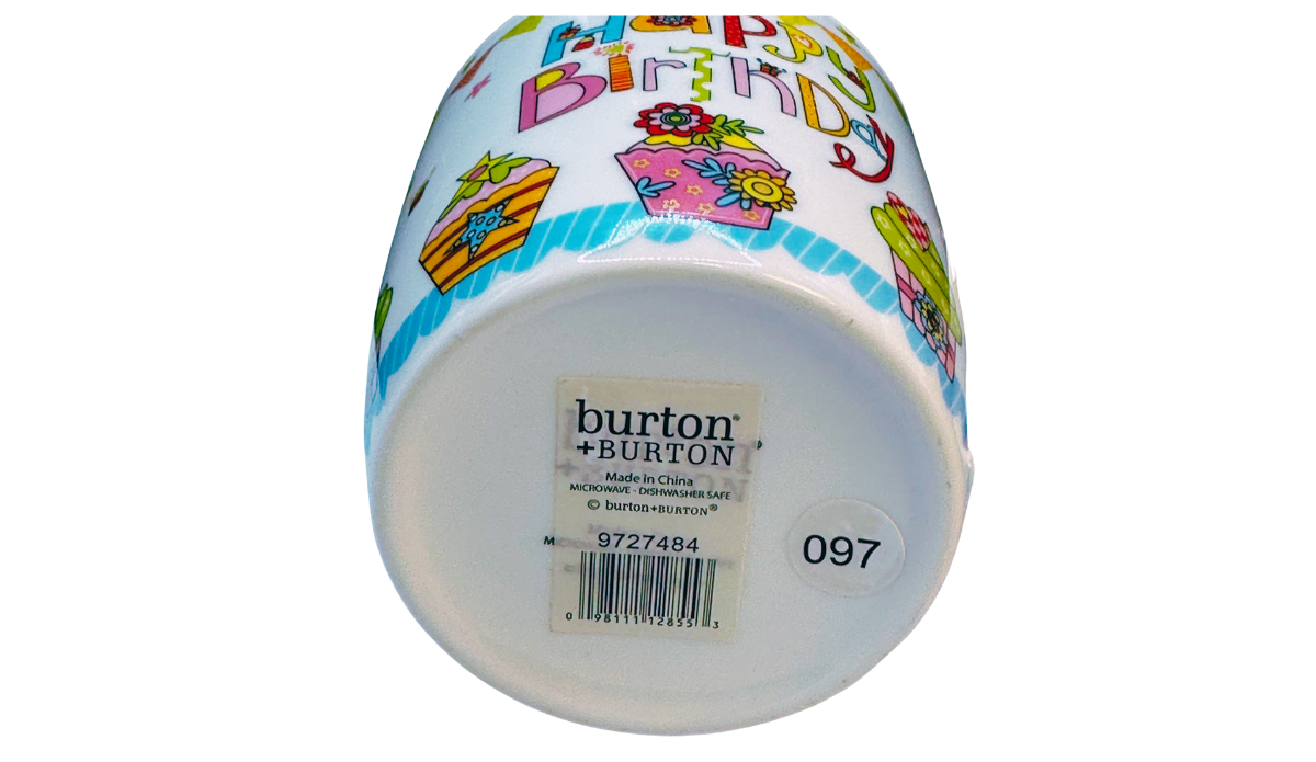 Happy Birthday Cupcake Mug bottom view showing Burton and Burton brand stamp