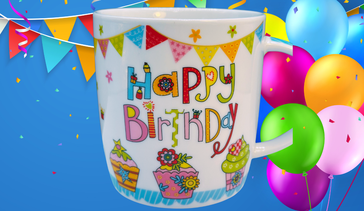 Happy Birthday Cupcake Mug displayed in birthday-themed lifestyle setting