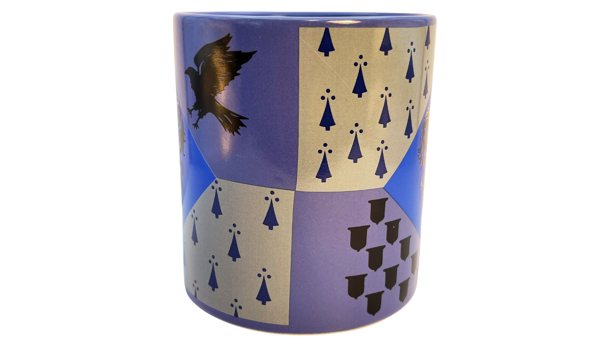 Harry Potter Ravenclaw House Crest Mug back view featuring the blue, silver, and purple geometric pattern with black eagle silhouettes
