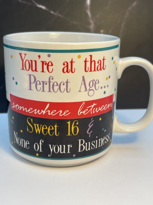 Introducing the Perfect Age Funny Confetti Mug. It's the perfect #cupofmood because or aging fabulously has never looked this fun—or this bold.