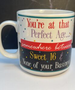 Introducing the Perfect Age Funny Confetti Mug. It's the perfect #cupofmood because or aging fabulously has never looked this fun—or this bold.