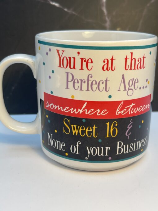Introducing the Perfect Age Funny Confetti Mug. It's the perfect #cupofmood because or aging fabulously has never looked this fun—or this bold.