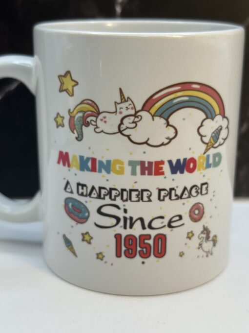 Introducing the Making World Happier Since 1950 Mug. It's the perfect #cupofmood with humor and style and the ultimate gift for the person born in 1950.