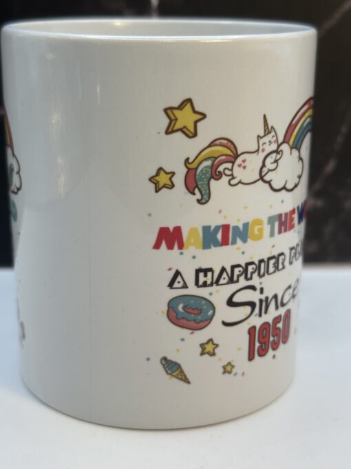 Introducing the Making World Happier Since 1950 Mug. It's the perfect #cupofmood with humor and style and the ultimate gift for the person born in 1950.