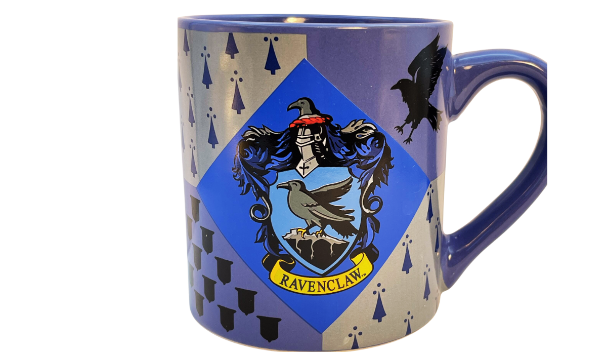 Harry Potter Ravenclaw House Crest Mug back view featuring the Ravenclaw eagle crest with a blue, silver, and purple wraparound geometric design