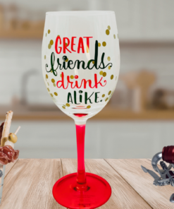 Hallmark Great Friends Drink Alike wine glass styled in kitchen scene