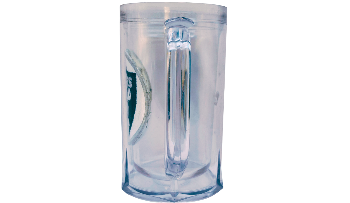 Clear handle view of vintage Los Angeles Raiders acrylic freezer beer mug