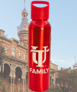 University of Tampa UT Family Bottle displayed in front of historic University of Tampa campus architecture