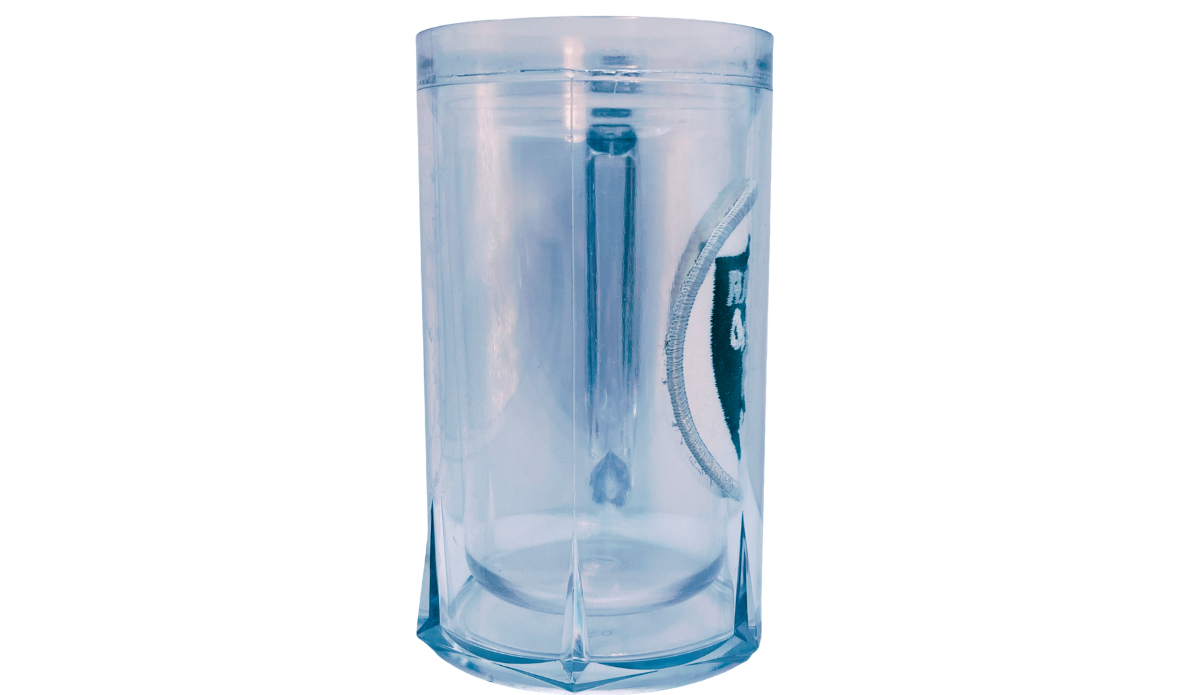Opposite side of vintage Raiders acrylic freezer beer mug with clear double-wall construction