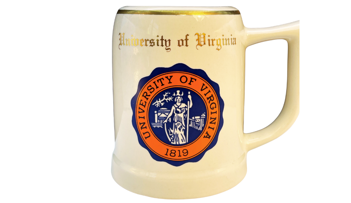 Vintage University of Virginia Beer Stein front view with orange and navy university seal