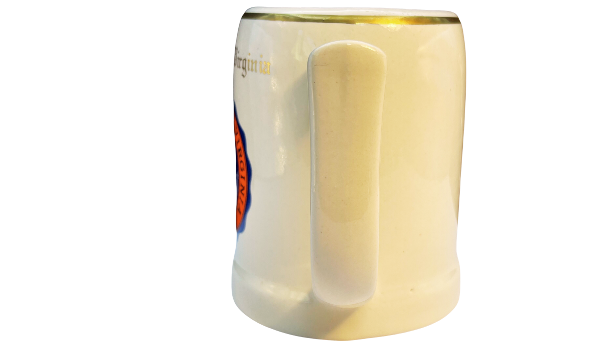 Vintage University of Virginia Beer Stein handle view with creamy ivory ceramic