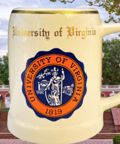 Vintage University of Virginia Beer Stein displayed against a University of Virginia campus backdrop