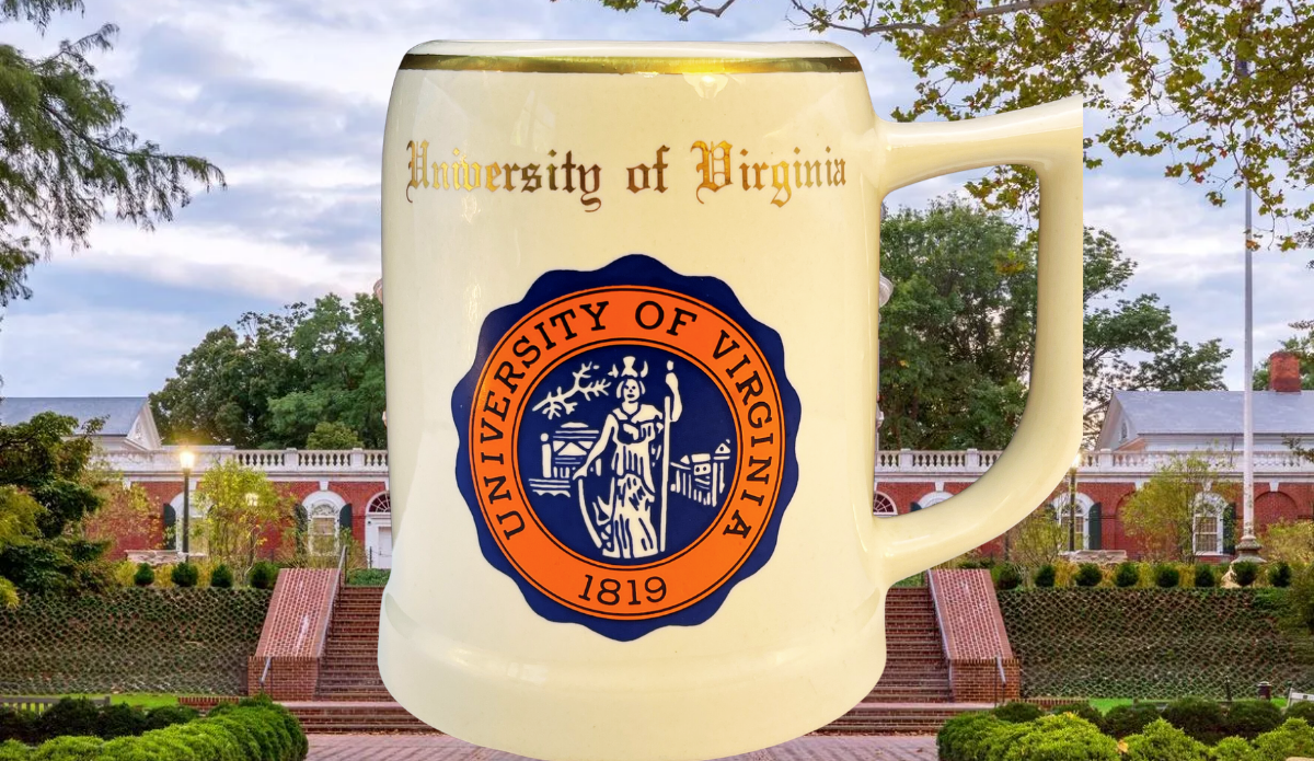 Vintage University of Virginia Beer Stein displayed against a University of Virginia campus backdrop