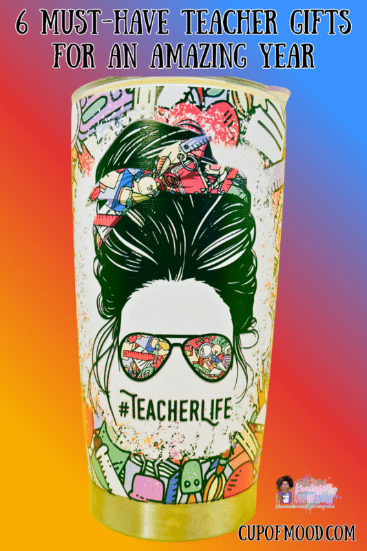  16-ounce tumbler’s multicolored design showcases an array of school-themed images. Things like pencils, scissors, crayons, and more, bringing the essence of a bustling classroom to life.
