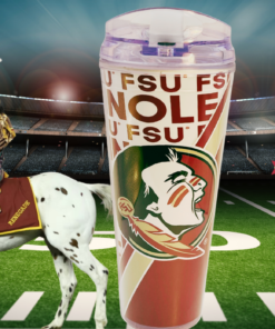 Florida State Garnet FSU Tumbler displayed in an FSU football stadium game day scene