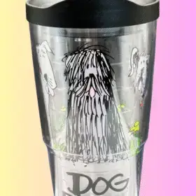 This 24-ounce double-walled insulated tumbler features a trio of adorable gray dogs perched on flower-filled grass. With the proud declaration, “Dog Person,” boldly printed beneath.