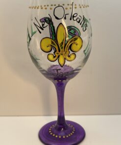 Hand painted New Orleans wine glass with gold fleur de lis
