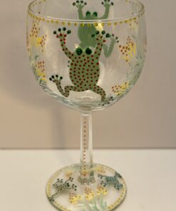 Hand painted wine glass with frogs and raised polka dots