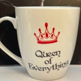 Close-up of Queen of Everything Mug showing bold lettering and vibrant crown