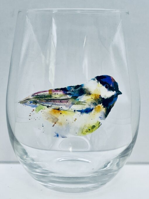Black Capped Chickadee stemless wine glass 12oz