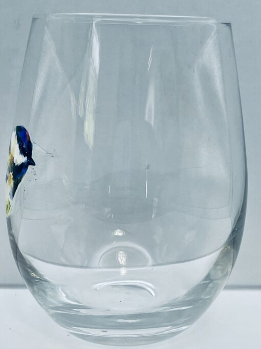 Colorful chickadee image on clear stemless wine glass