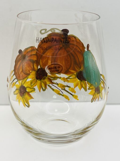 Festive autumn stemless wine glass perfect for wine, cider, or sparkling juice