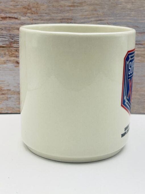 White ceramic mug with Super Bowl XXV logo