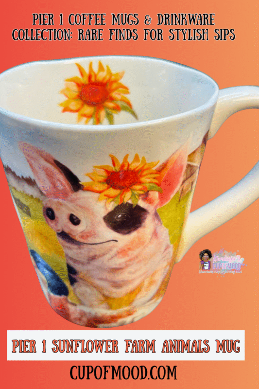Pier 1 Sunflower Farm Animals Mug features a delightful scene of classic barnyard favorites. Cows, pigs, roosters, and more—framed with golden sunflowers that practically bloom from the ceramic.