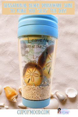 Travel mug with shells and coastal beach design