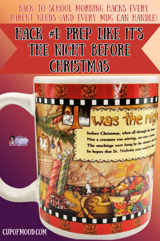 Holiday themed white ceramic mug with Twas The Night Before Christmas 