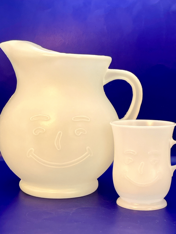 Vintage opaque white Kool Aid pitcher and drinking glass with a handle