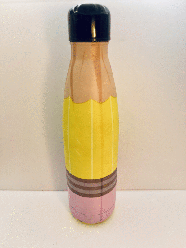Designed to resemble a classic number two pencil. This 16-ounce stainless steel water bottle combines functionality with fun.