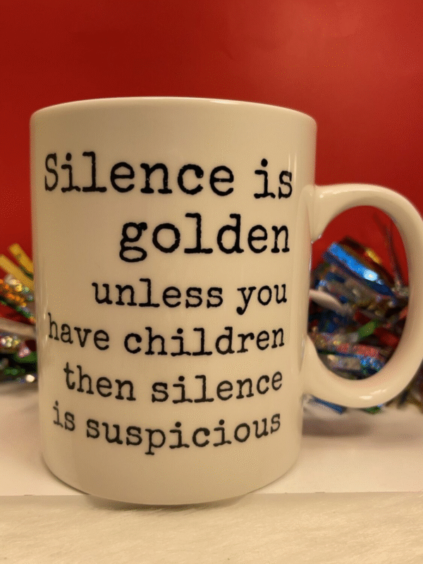  10 ounce white ceramic Silence Golden Mug