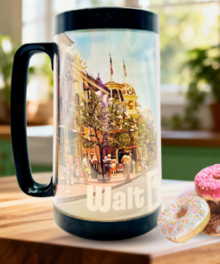 Vintage Walt Disney World Thermo-Serv mug featuring Main Street USA scene, shown on a kitchen counter with donuts for scale