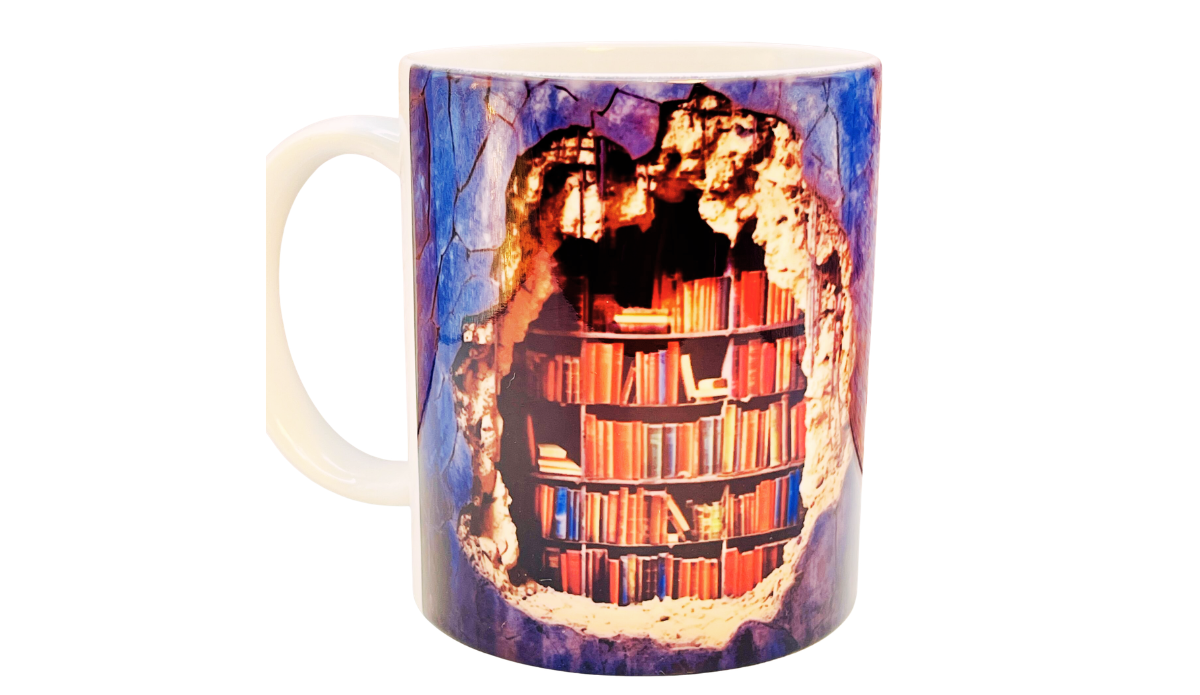 3D bookshelf mug front view with hidden library illusion design
