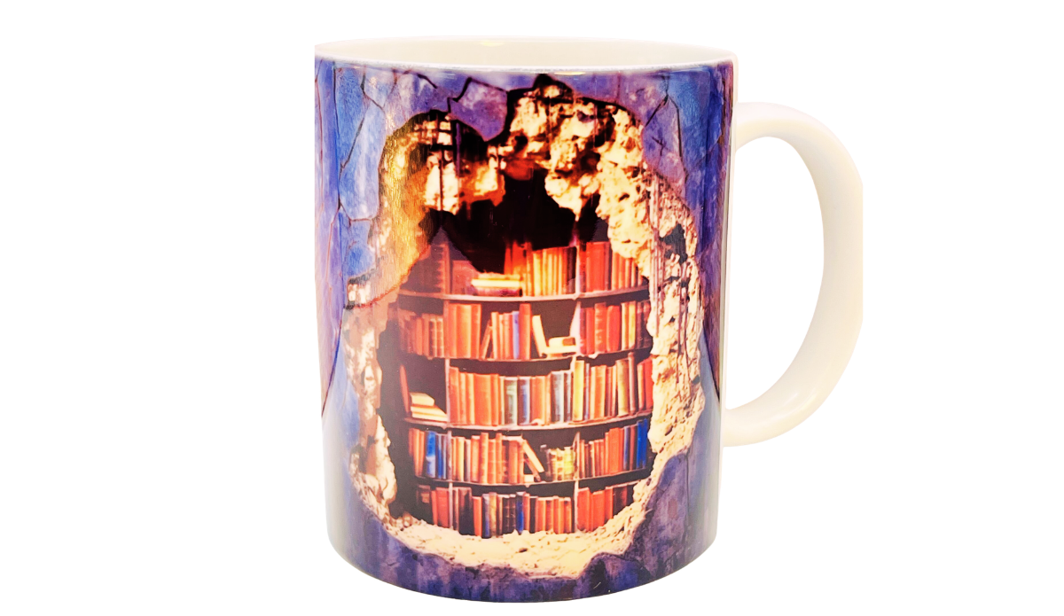 3D bookshelf mug back view showing full wrap bookshelf design