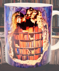 3D bookshelf mug styled in front of books on a table