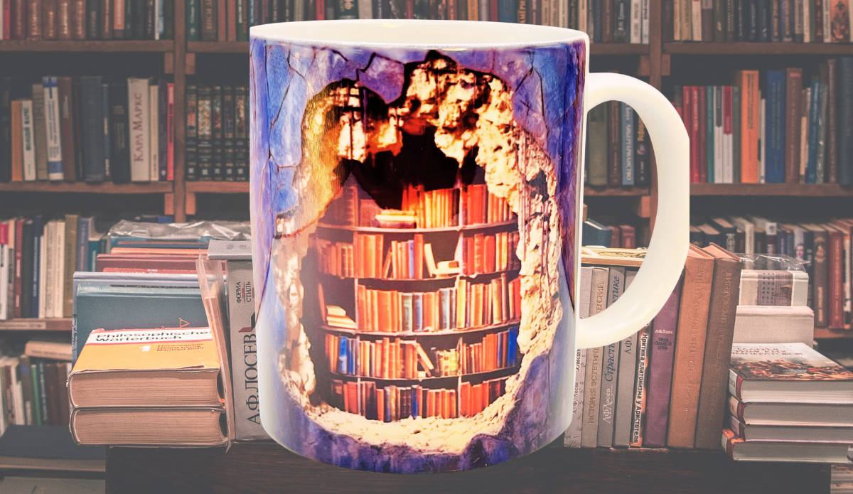 3D bookshelf mug styled in front of books on a table