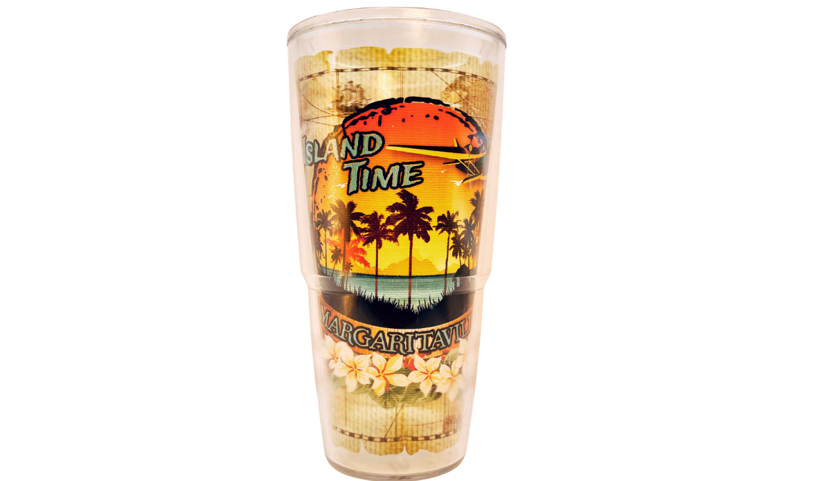 Tervis Margaritaville Island Time Tumbler with tropical sunset palm tree wraparound artwork