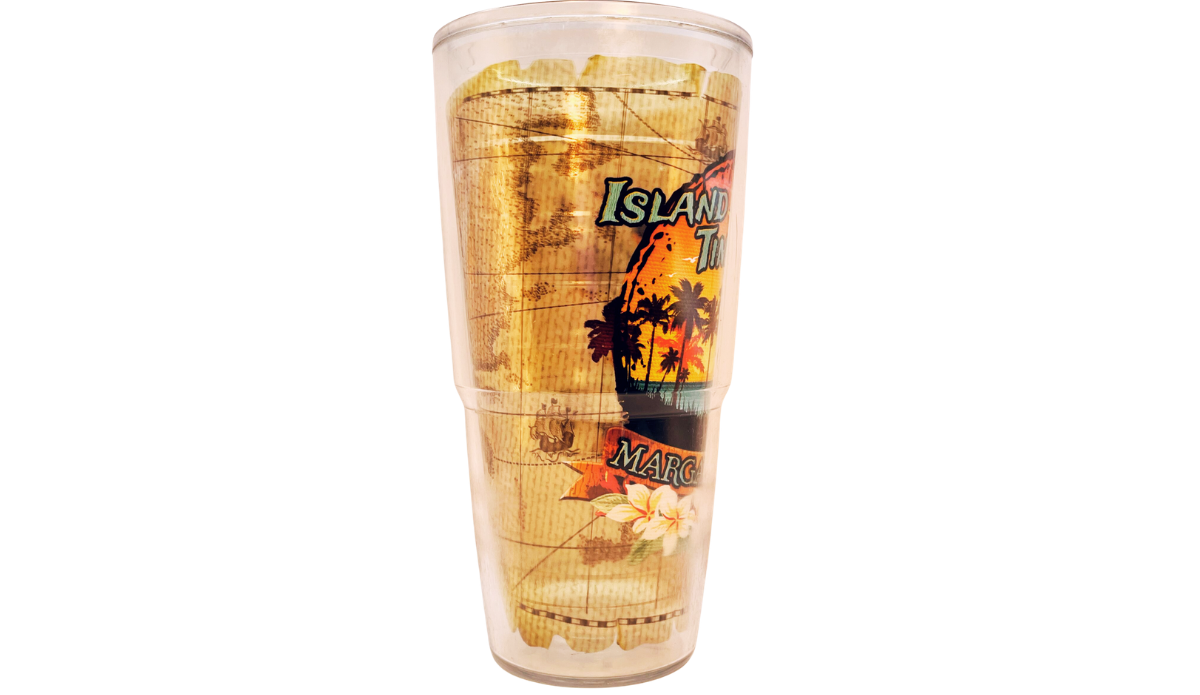 Side view of Tervis Margaritaville Island Time Tumbler with tropical island artwork
