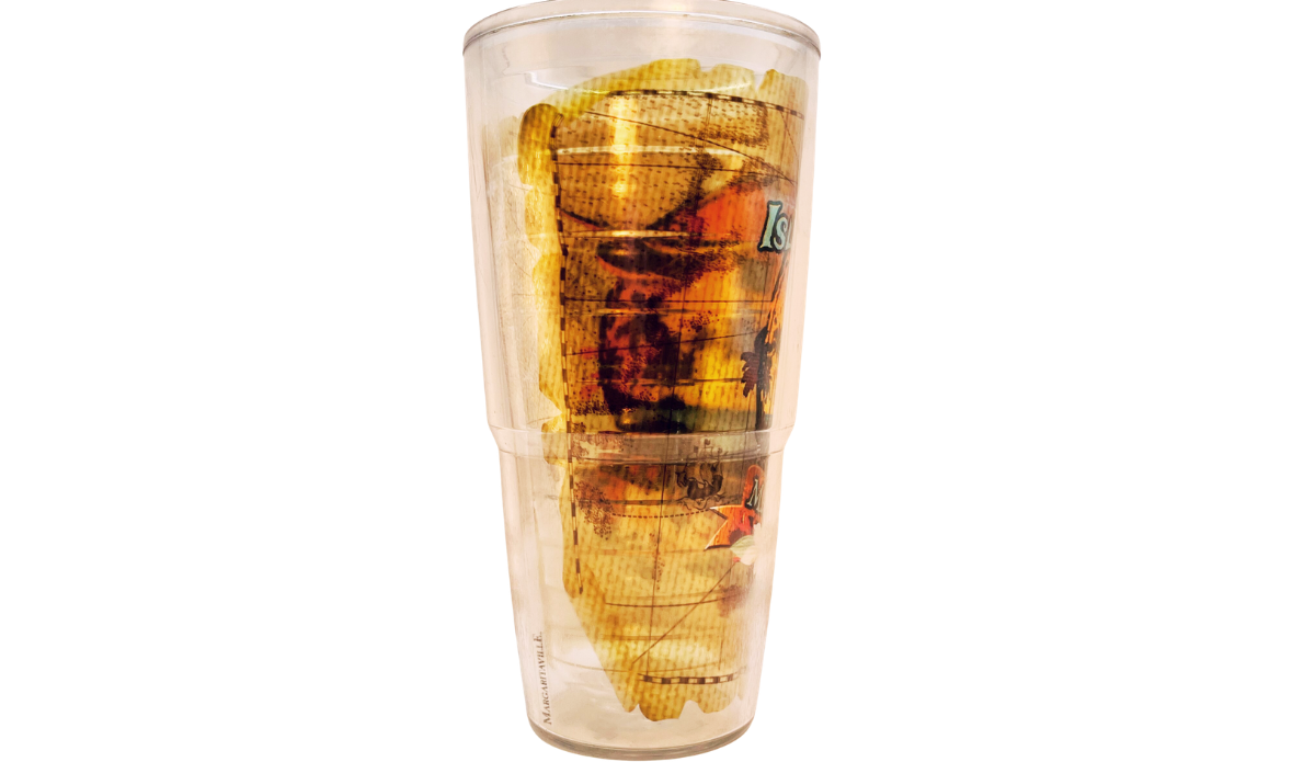 Rear view of Tervis Margaritaville Island Time Tumbler showing layered sunset wraparound design