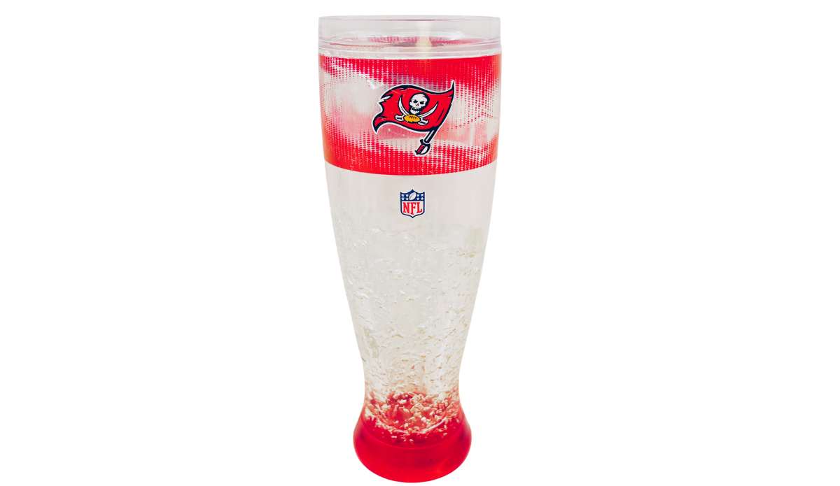 Tampa Bay Buccaneers freezer pilsner glass with Buccaneers flag logo, NFL shield, and red freezer base