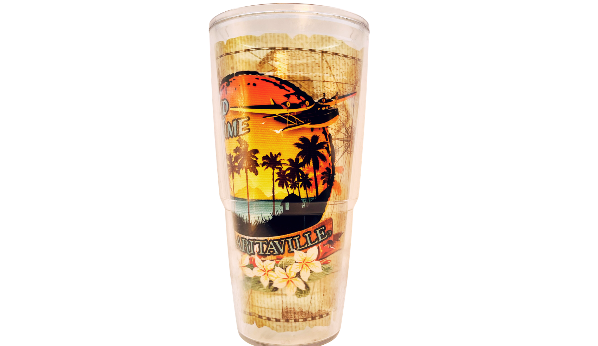 Tervis Margaritaville Island Time Tumbler featuring tropical seaplane sunset artwork