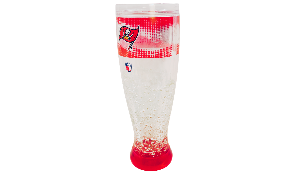 Side view of Tampa Bay Buccaneers freezer pilsner glass with flag logo and clear freezer chamber